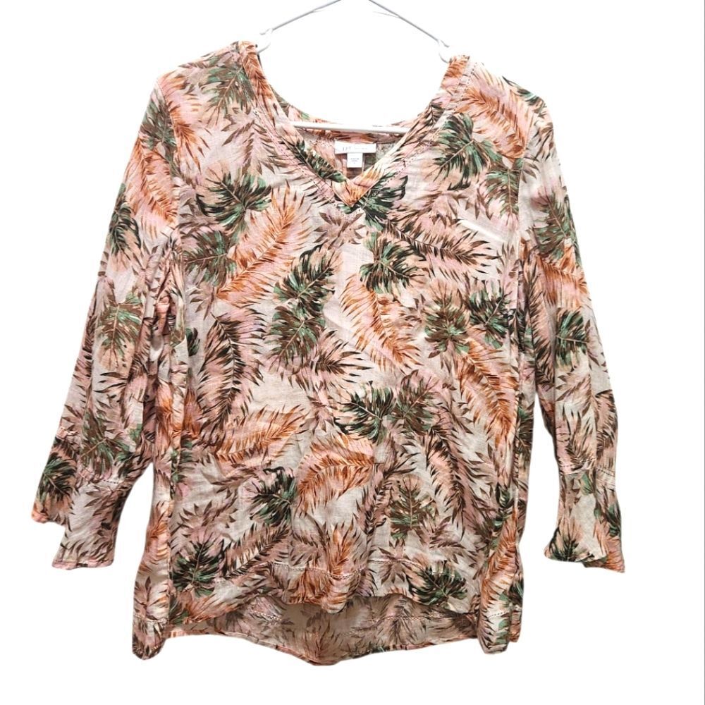 J. Jill Love Linen Women’s Size S Popover Top Tropical Print 3/4 Sleeve V-Neck